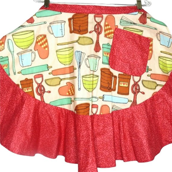 Retro Cooking Half Apron One Size Baking Red Ruffle Pocket Tie Waist NEW - Picture 1 of 11
